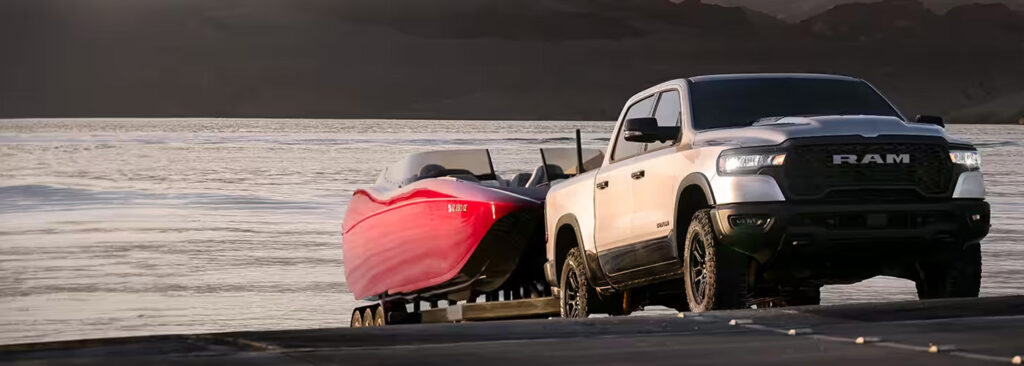 A RAM Truck towing a boat near Covina, CA. 